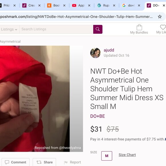 DO+BE Asymmetrical One Shoulder Tulip Hem Summer Midi Dress Large - Picture 7 of 7